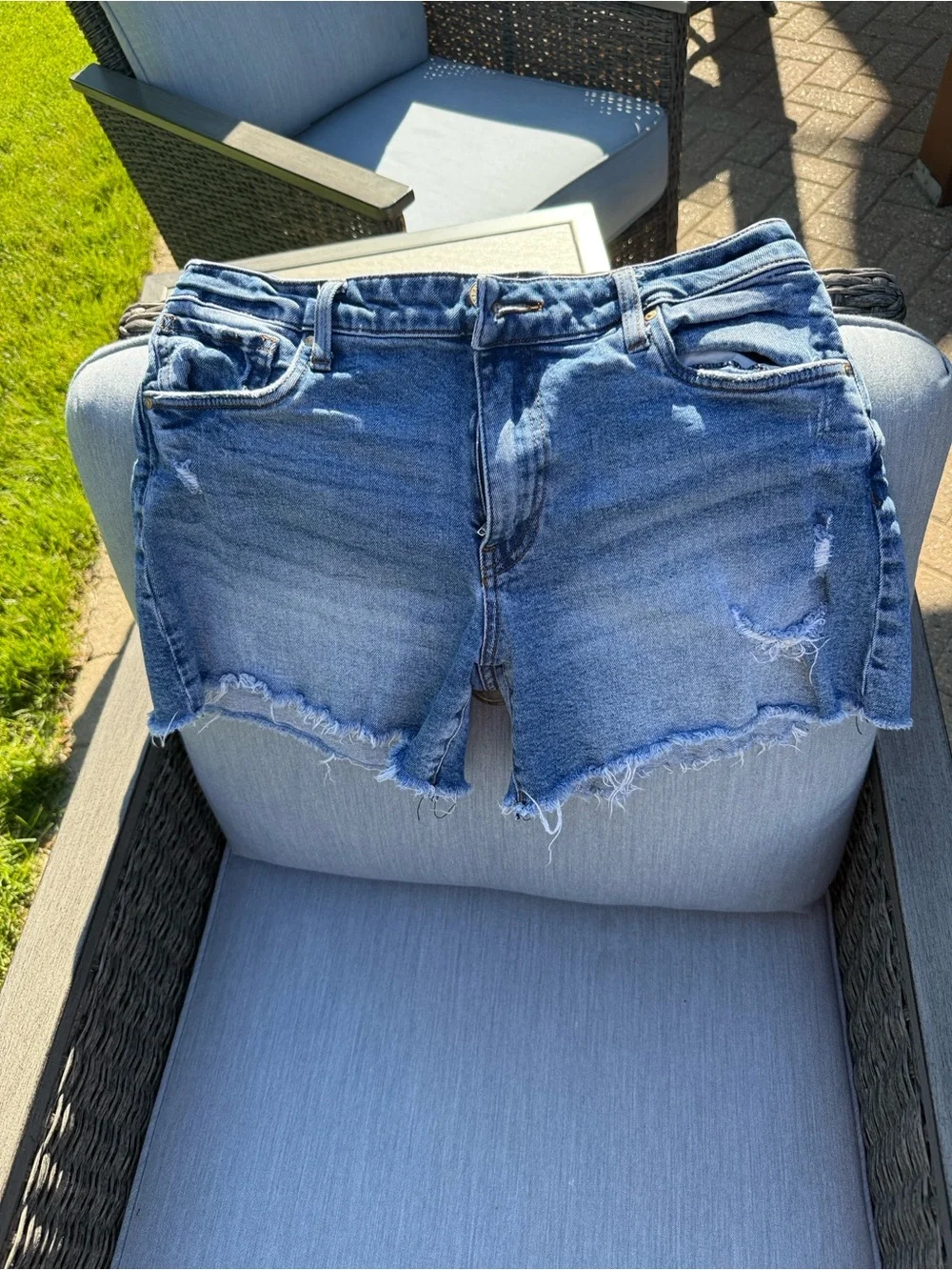 Kut from the Kloth Medium Blue Distressed Cutoff Denim Shorts JANE. Long short